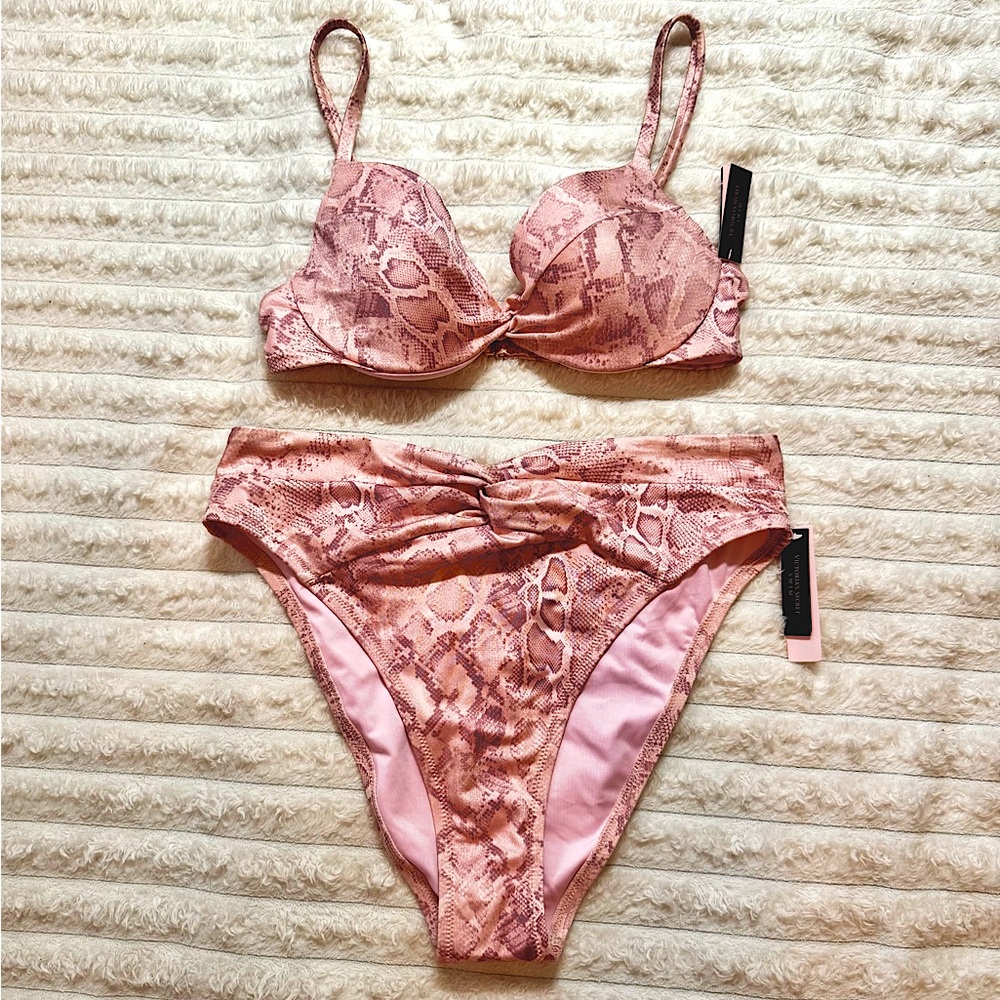 Victoria’s Secret Bikini Set | 34C Top L Bottom | Pink Snake Print, NWT
